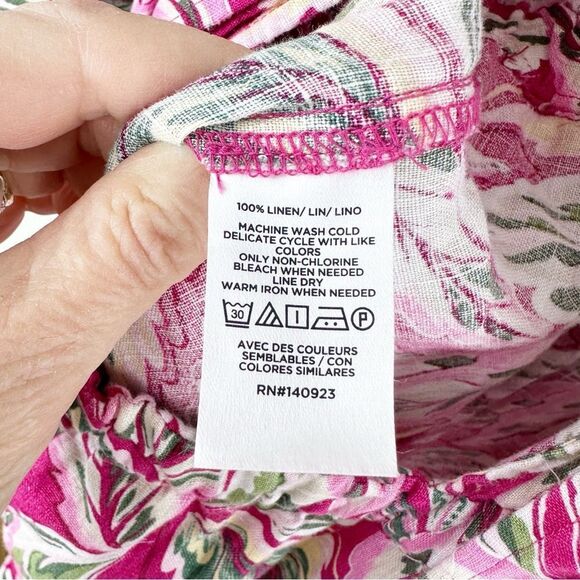 LOFT Beach Palm Tie Front Linen Pink Floral Print 3/4 Puff Sleeve Romper, Size M - Picture 11 of 15
